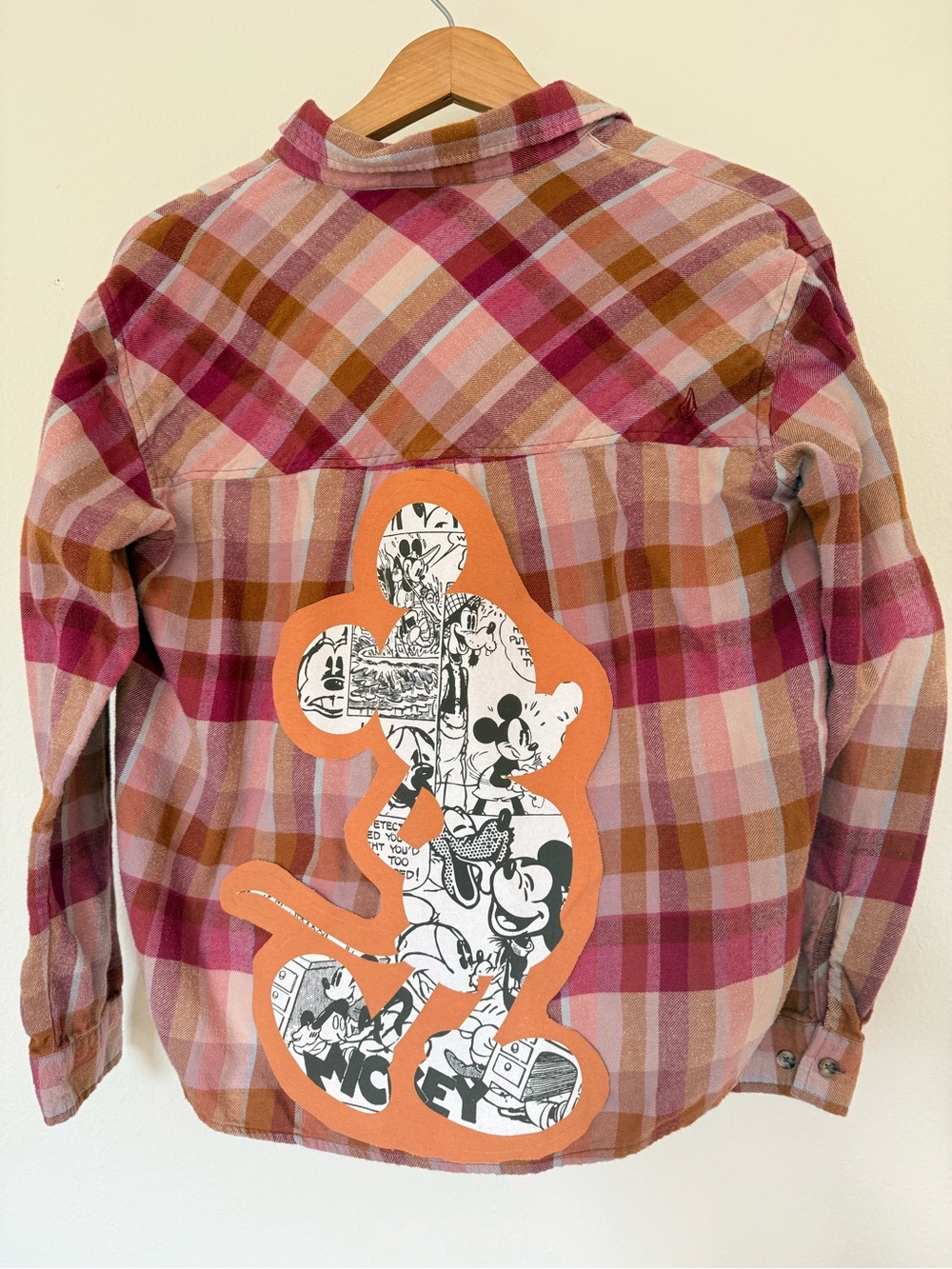 Volcom Pink and Orange Plaid Flannel Button-Down Shirt with Mickey Back Graphic